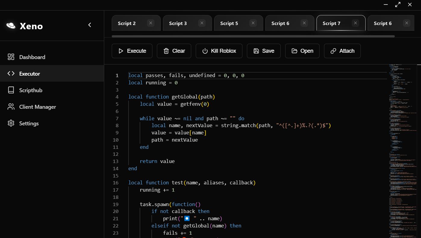 Xeno desktop interface with script tabs, a sidebar and a code editor